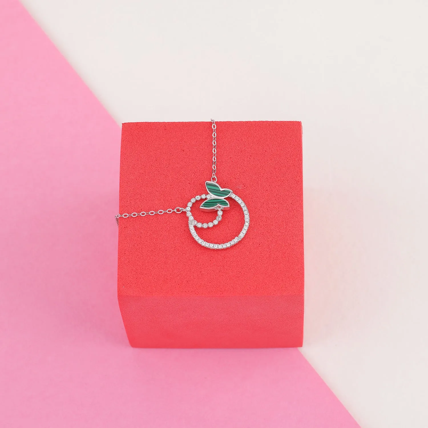 925 Sterling Silver Rhodium Plated Green Butterfly Halo Pendant Chain and Earrings For Women