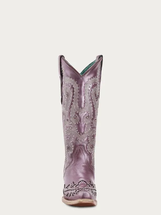 A4512 - WOMEN'S EMBROIDERY WITH CRYSTALS AND STUDS METALIC LILA SNIP TOE STUDDED WING TIP COWBOY BOOT