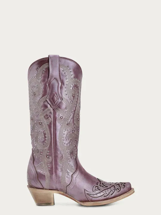 A4512 - WOMEN'S EMBROIDERY WITH CRYSTALS AND STUDS METALIC LILA SNIP TOE STUDDED WING TIP COWBOY BOOT