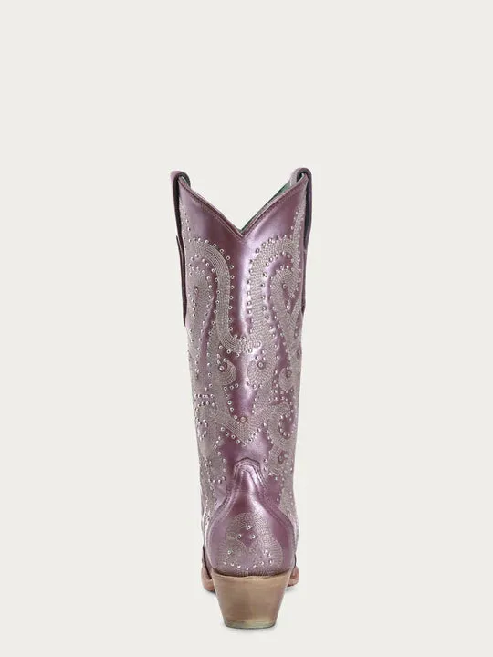 A4512 - WOMEN'S EMBROIDERY WITH CRYSTALS AND STUDS METALIC LILA SNIP TOE STUDDED WING TIP COWBOY BOOT