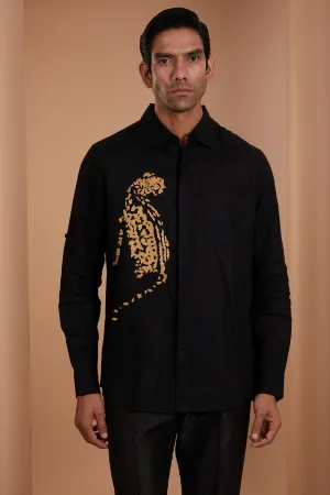 Black Pure Linen Embroidered Shirt - MW222166