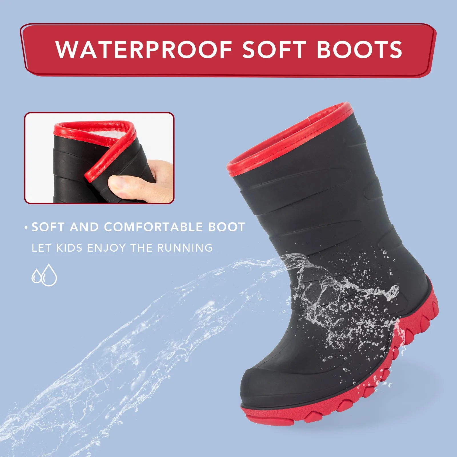 Black Red kids Winter Rain Boots