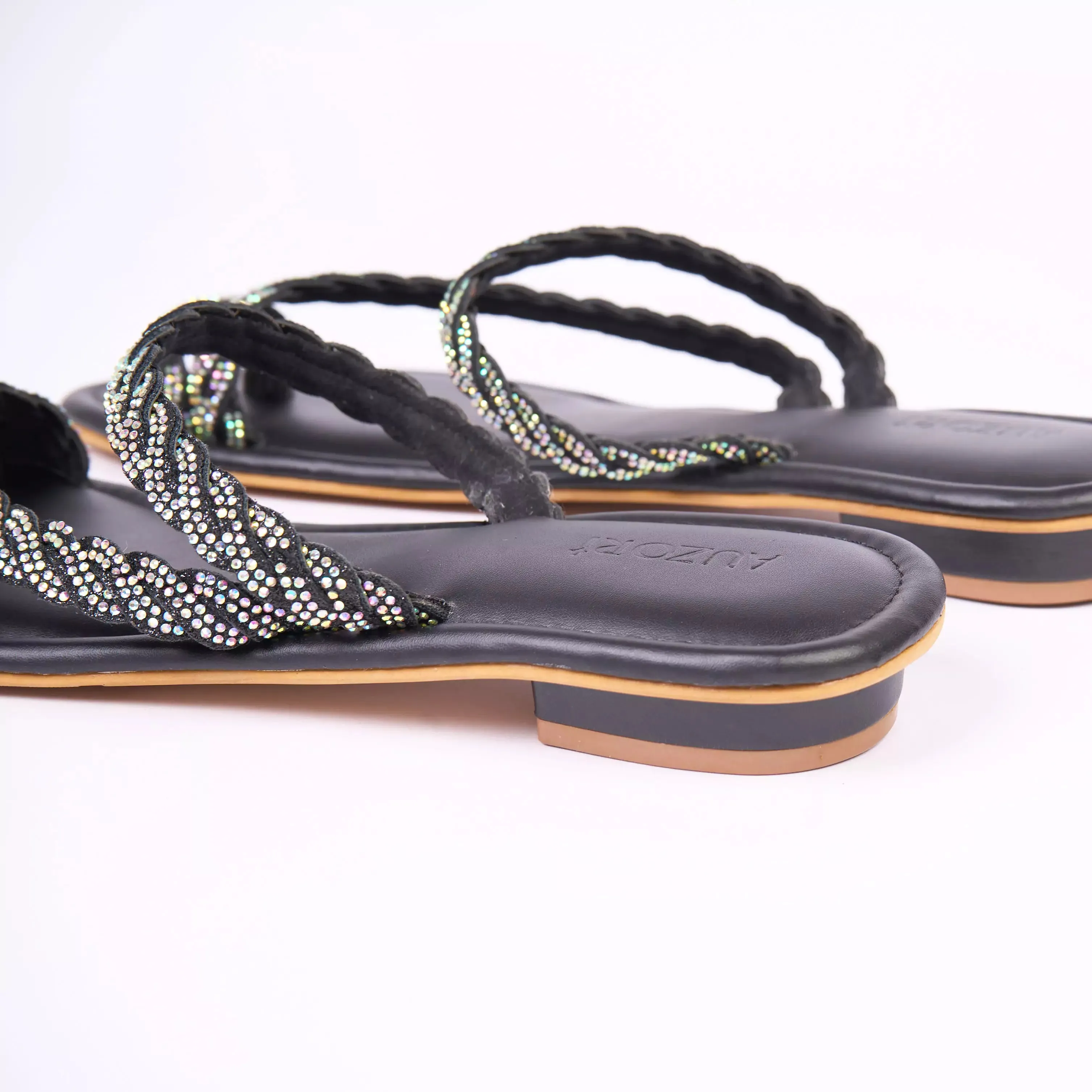 BLINGY Black Strappy Shimmery Slides