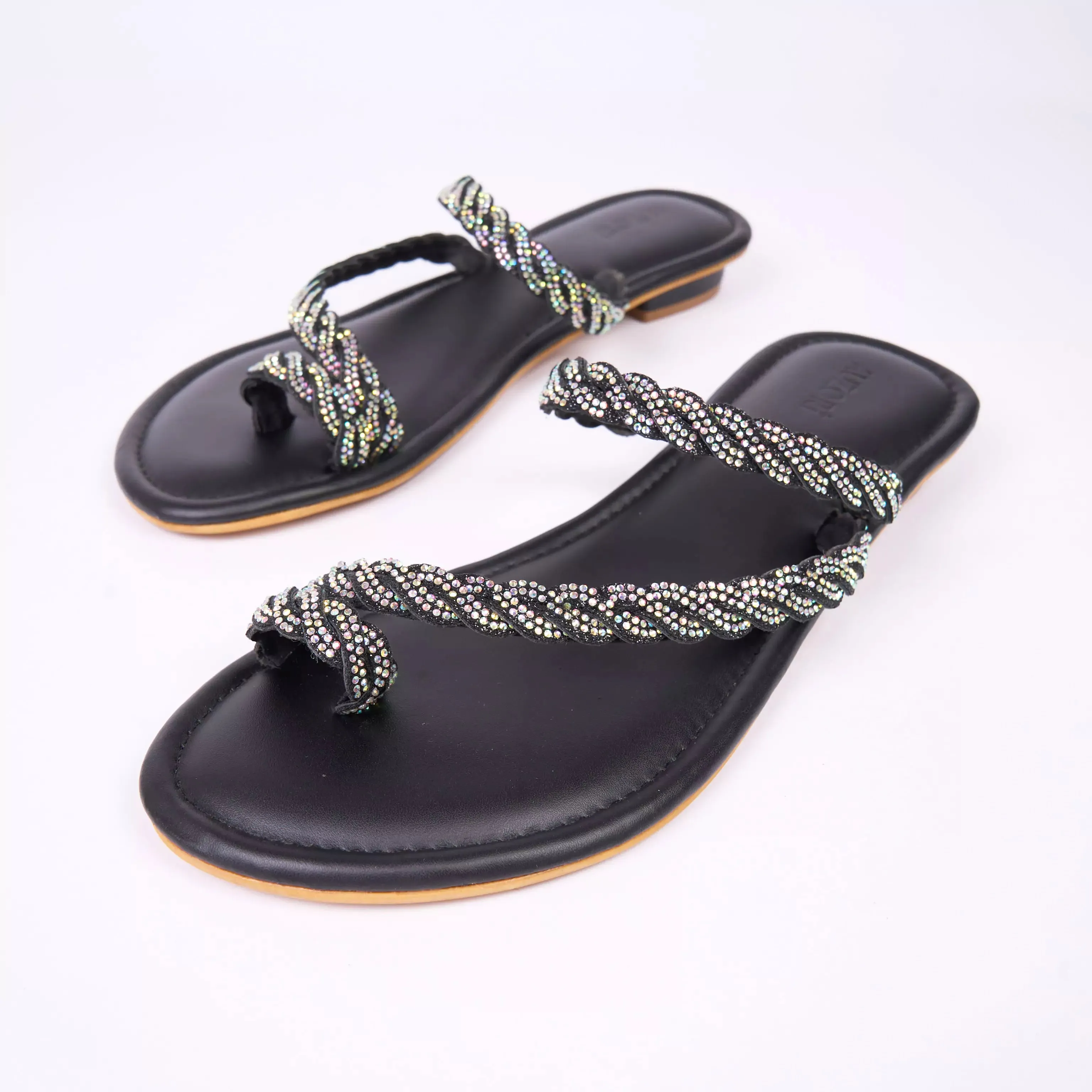 BLINGY Black Strappy Shimmery Slides