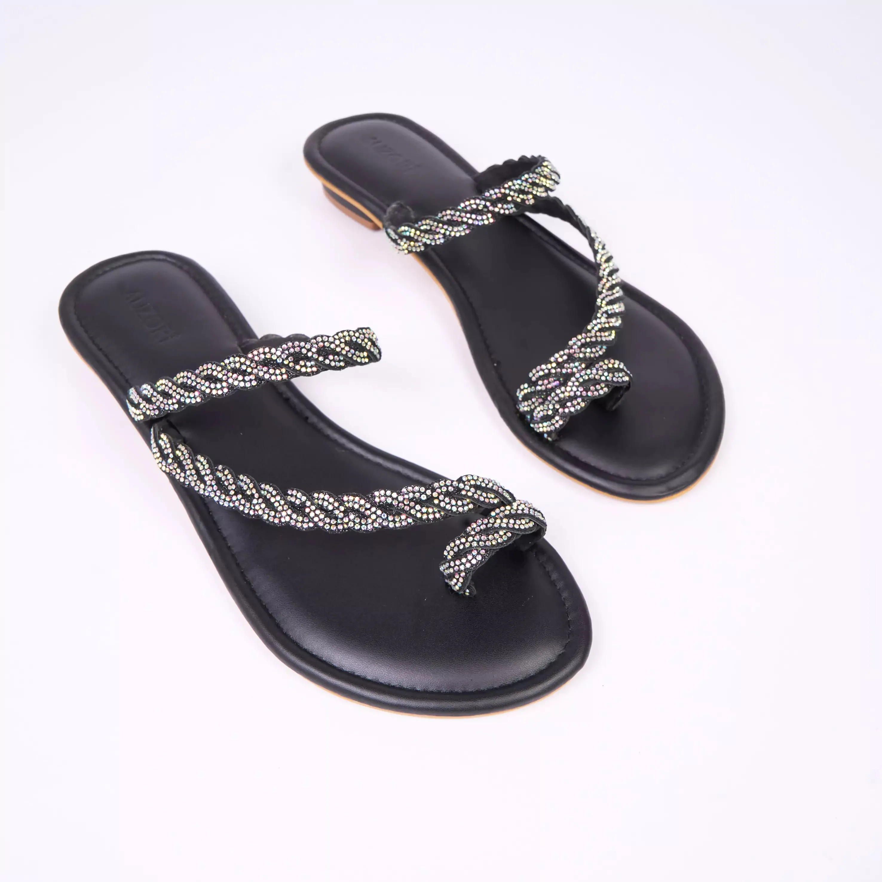 BLINGY Black Strappy Shimmery Slides