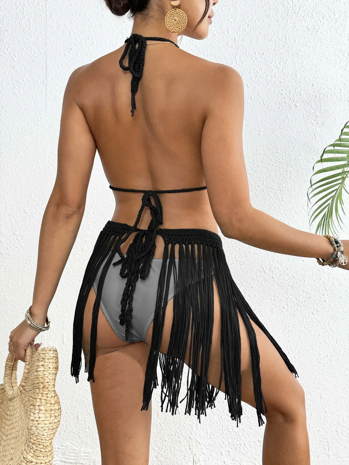 Boho-Chic Crochet Tassel Bikini Set with Skirt Overlay