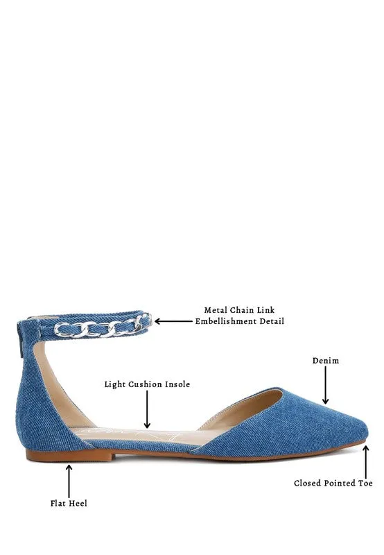 Britta Chain Embellished Flats - Pointed Toe, Denim, Ankle Strap