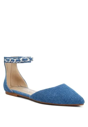 Britta Chain Embellished Flats - Pointed Toe, Denim, Ankle Strap