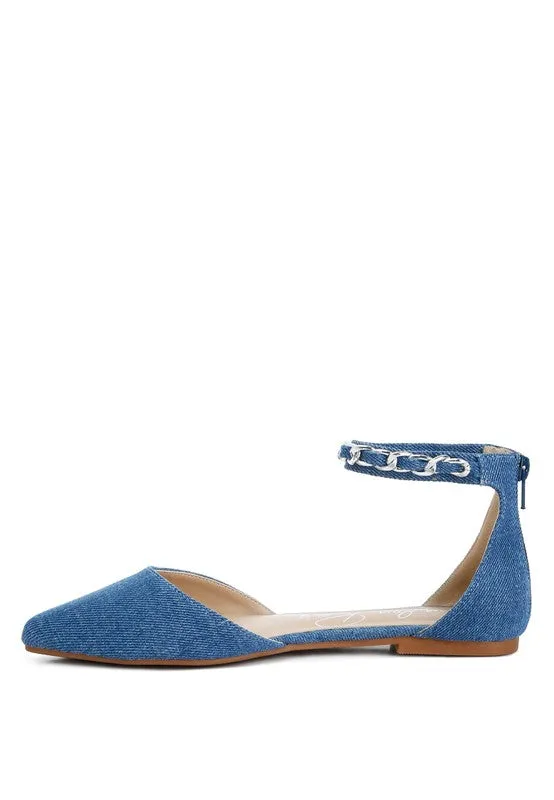Britta Chain Embellished Flats - Pointed Toe, Denim, Ankle Strap