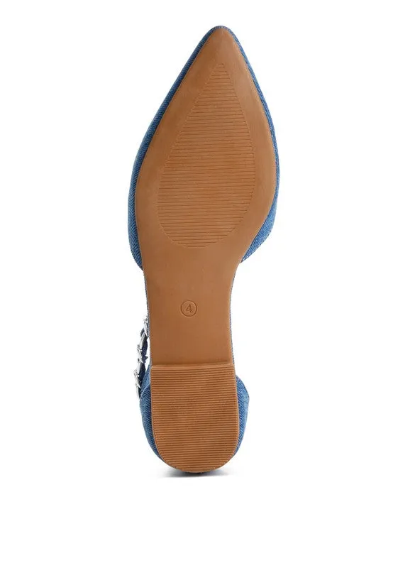 Britta Chain Embellished Flats - Pointed Toe, Denim, Ankle Strap