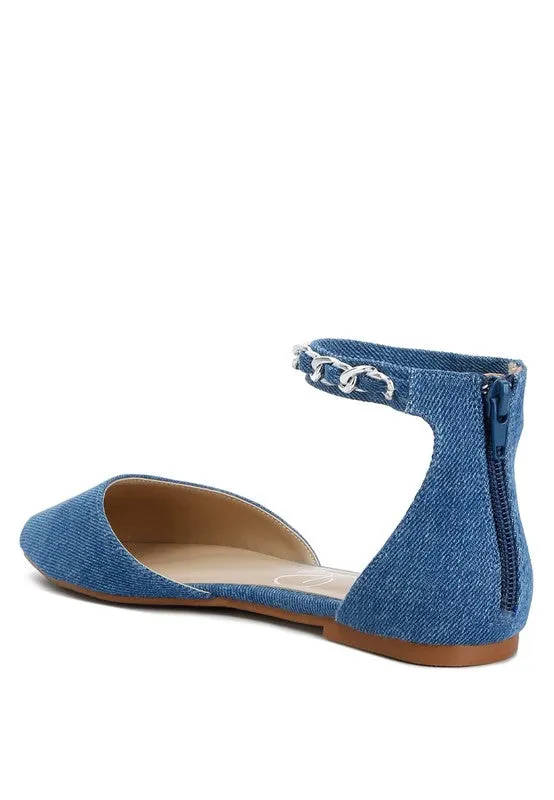 Britta Chain Embellished Flats - Pointed Toe, Denim, Ankle Strap