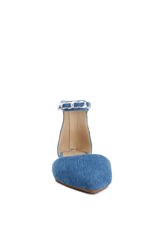 Britta Chain Embellished Flats - Pointed Toe, Denim, Ankle Strap