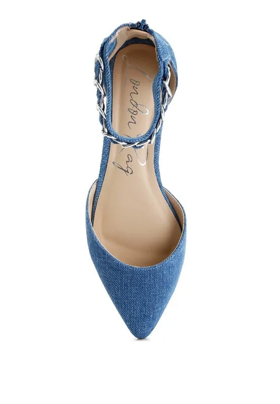 Britta Chain Embellished Flats - Pointed Toe, Denim, Ankle Strap