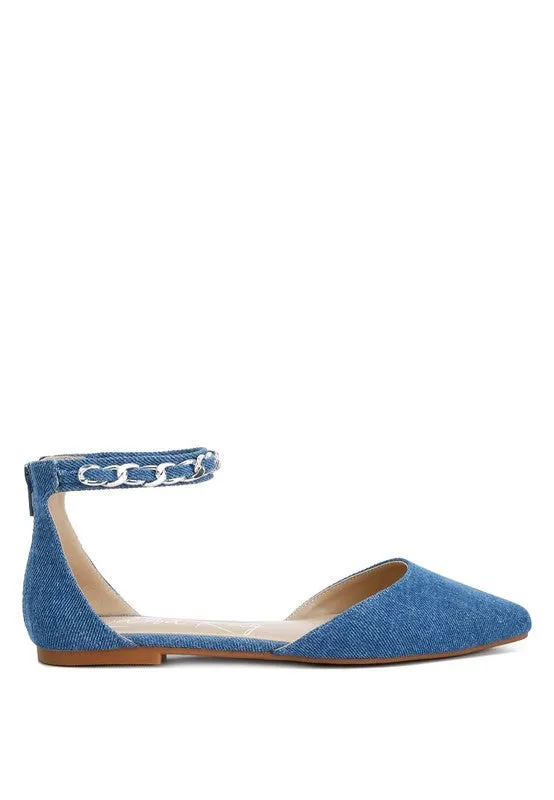 Britta Chain Embellished Flats - Pointed Toe, Denim, Ankle Strap