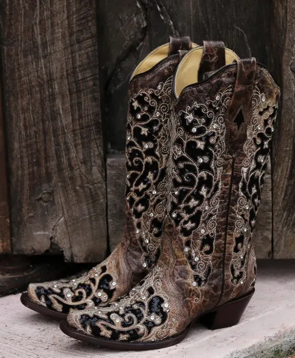 Corral A3569 Black Glitter Inlay Floral Overlay with Crystals and Studs Snip Toe Cowboy Boots