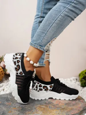 Cutout Leopard Lace Up Mesh Athletic Sneaker