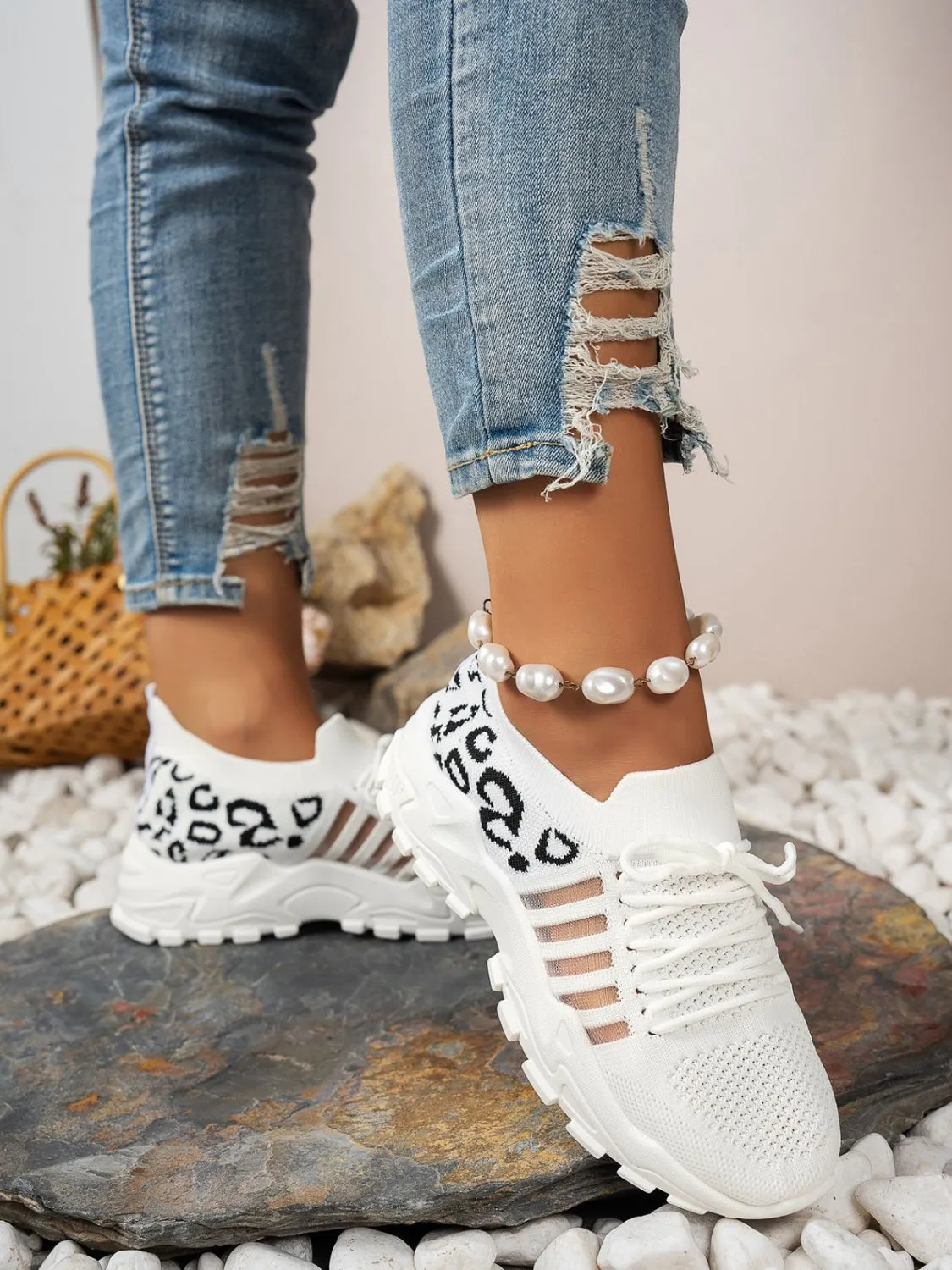 Cutout Leopard Lace Up Mesh Athletic Sneaker