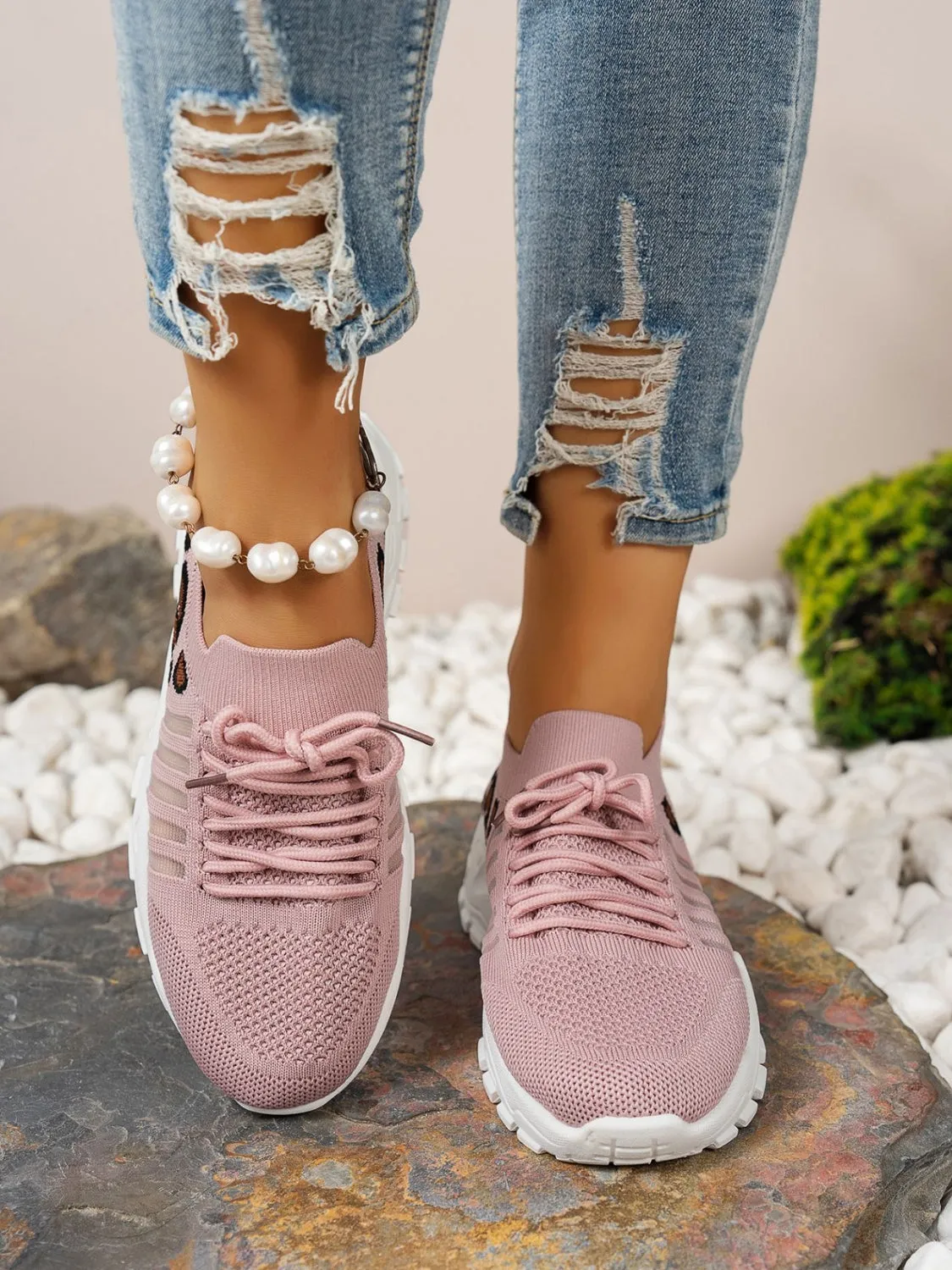 Cutout Leopard Lace Up Mesh Athletic Sneaker