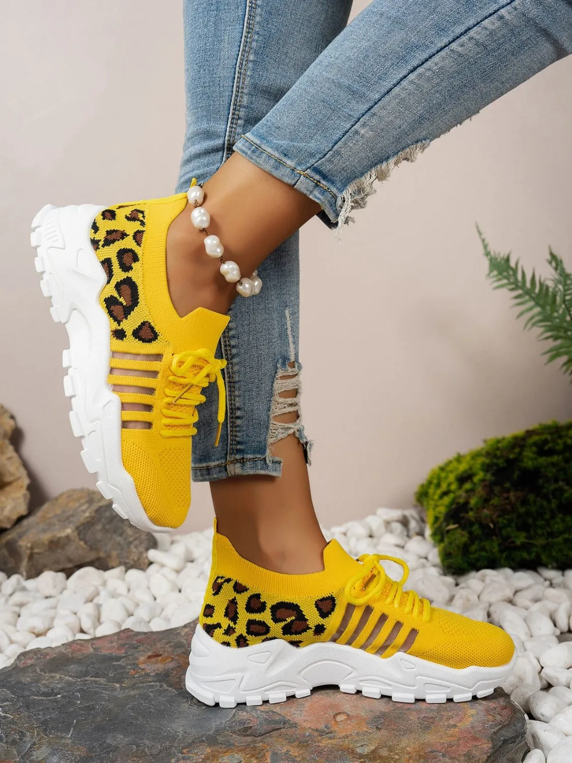 Cutout Leopard Lace Up Mesh Athletic Sneaker
