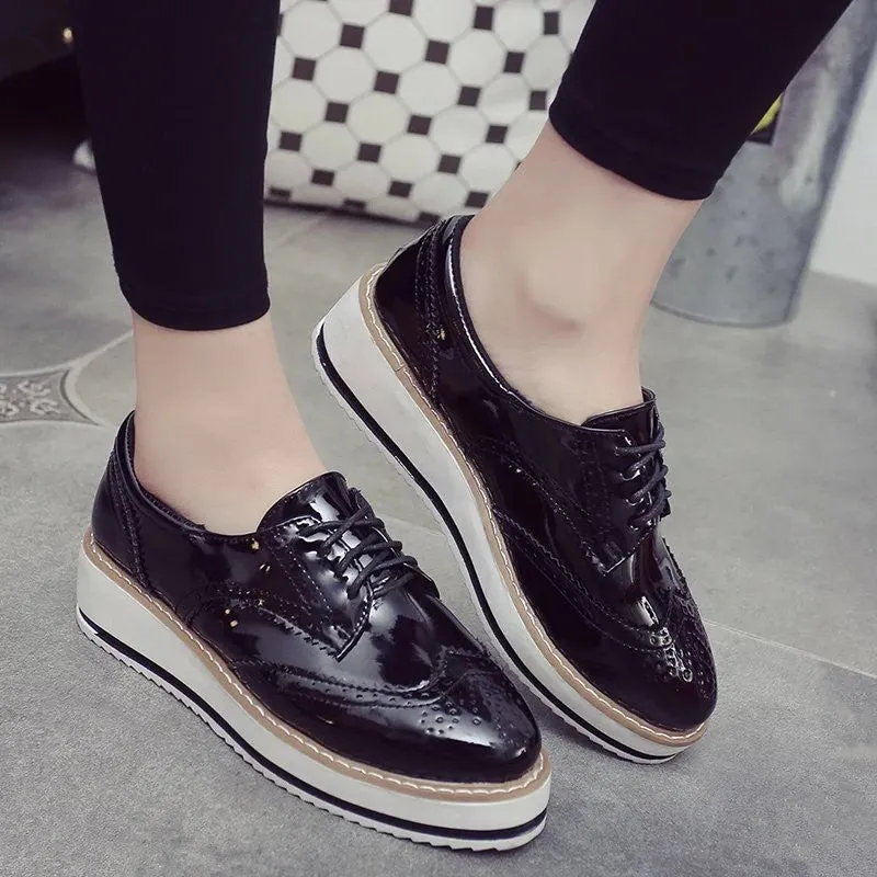 Europe Style Fashion Women Casual Leather Platform Shoes Woman Thick Soled Lace Up Oxfords Zapatos Mujer Ladies Creepers