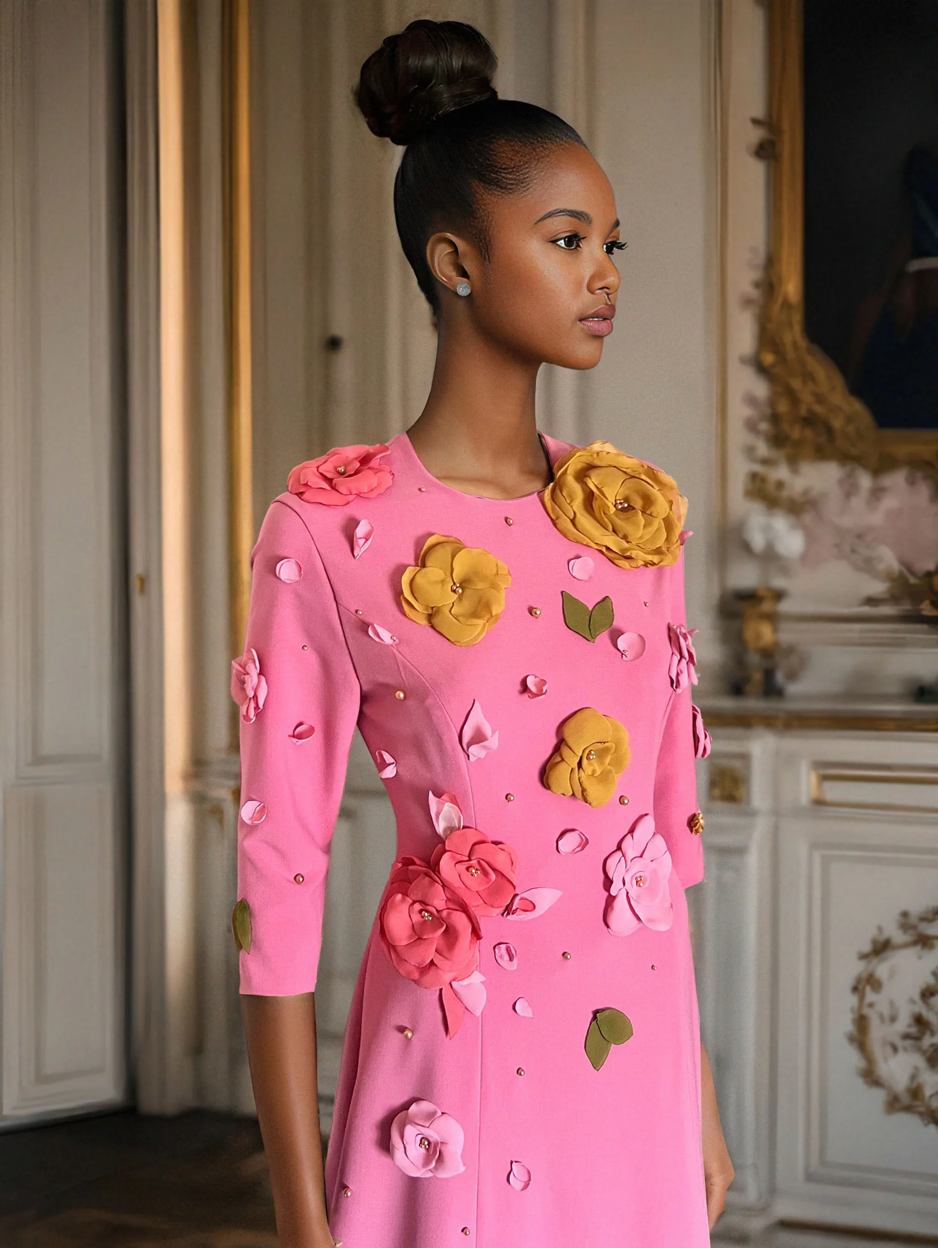 Floriana Trendy Modest Gown with Flowers, 3/4 sleeves