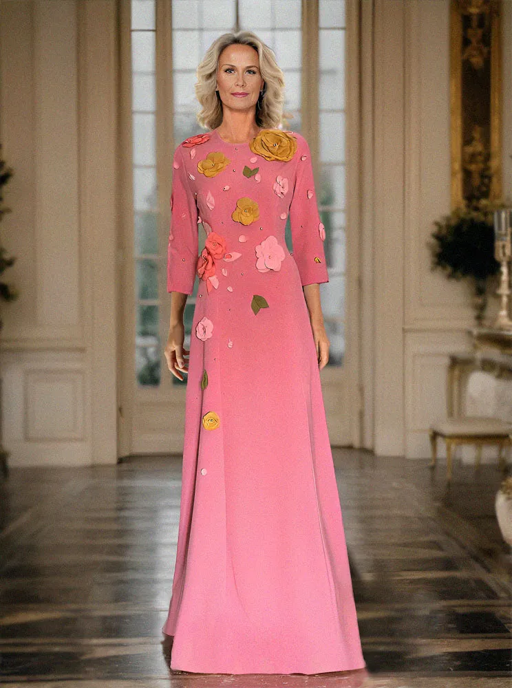 Floriana Trendy Modest Gown with Flowers, 3/4 sleeves