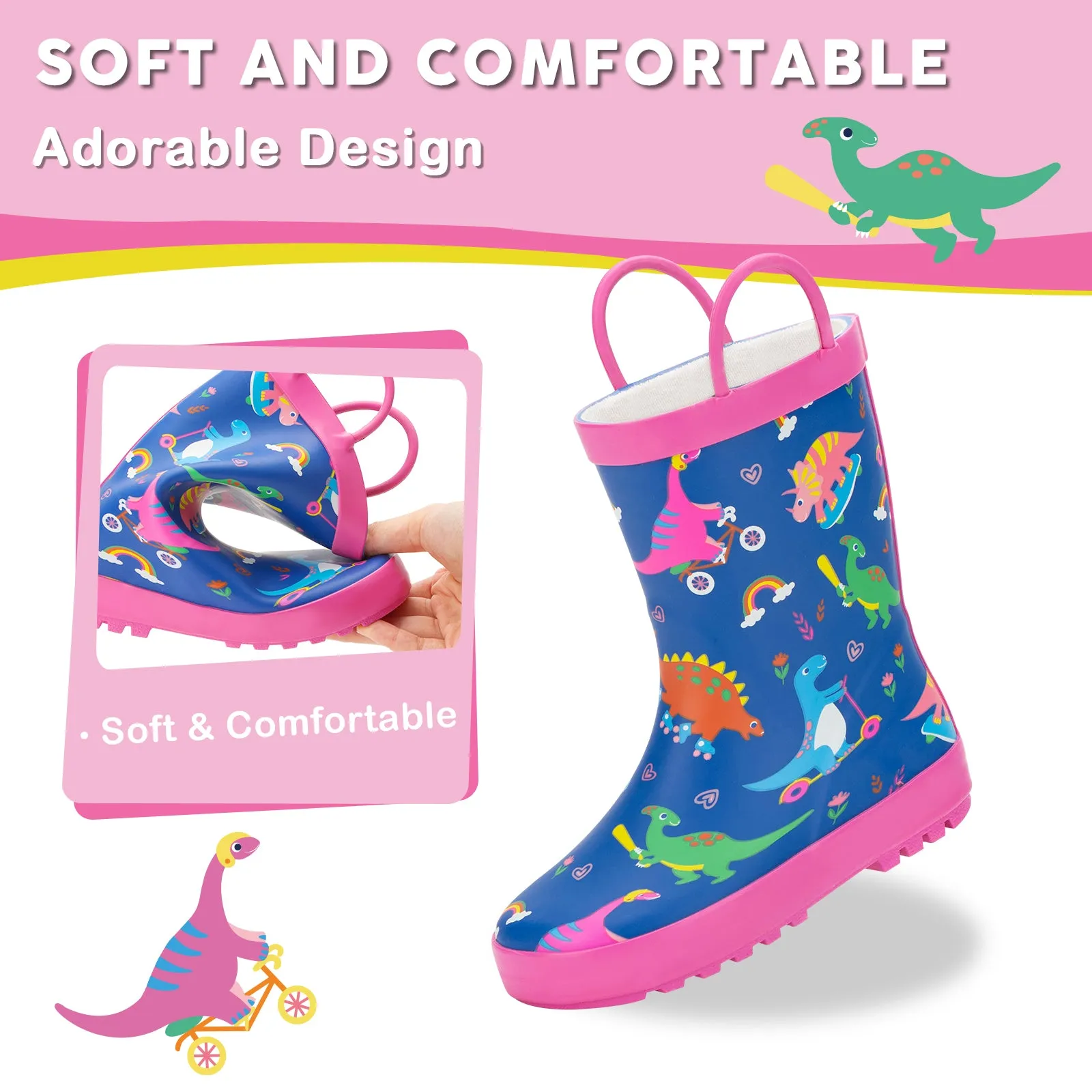 Girls Dinosaur Toddler Kids Rubber Rain Boots