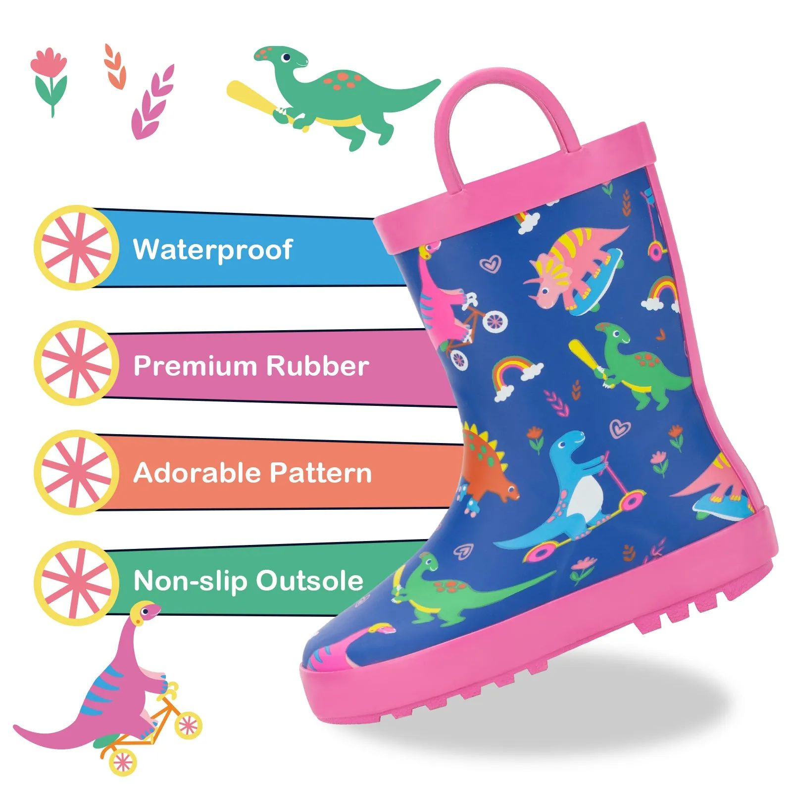 Girls Dinosaur Toddler Kids Rubber Rain Boots