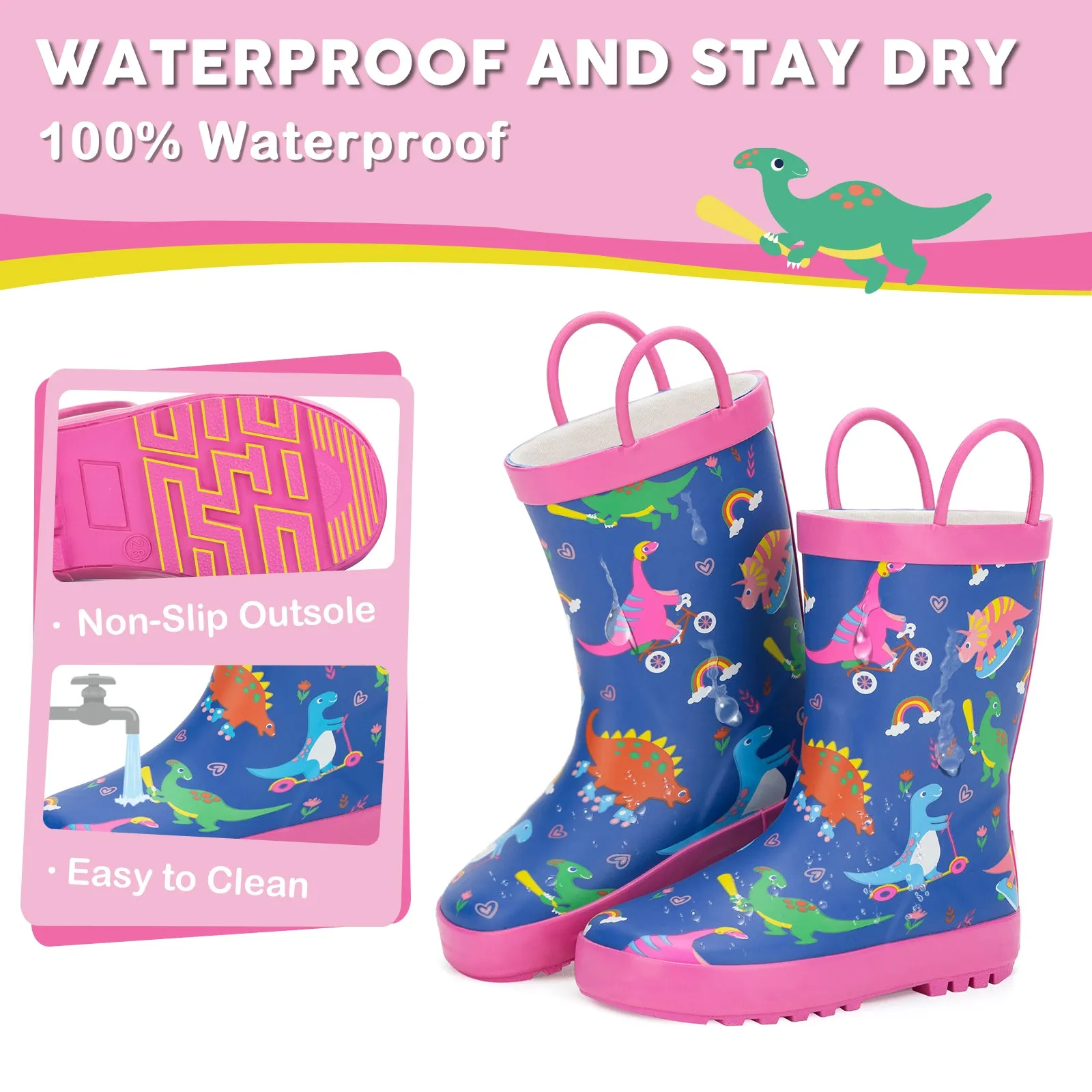 Girls Dinosaur Toddler Kids Rubber Rain Boots