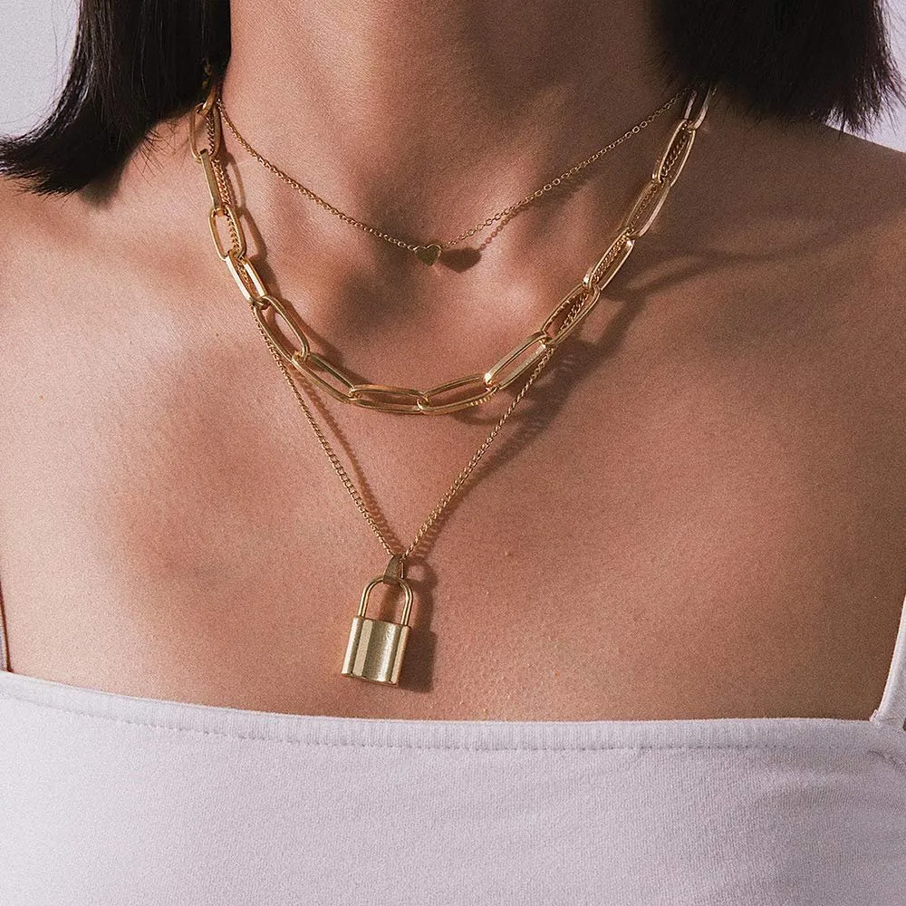 Gold Plated Trendy Paper Clip Chain with Lock Layered Necklace