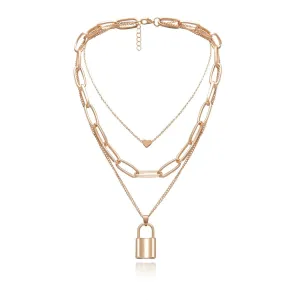 Gold Plated Trendy Paper Clip Chain with Lock Layered Necklace