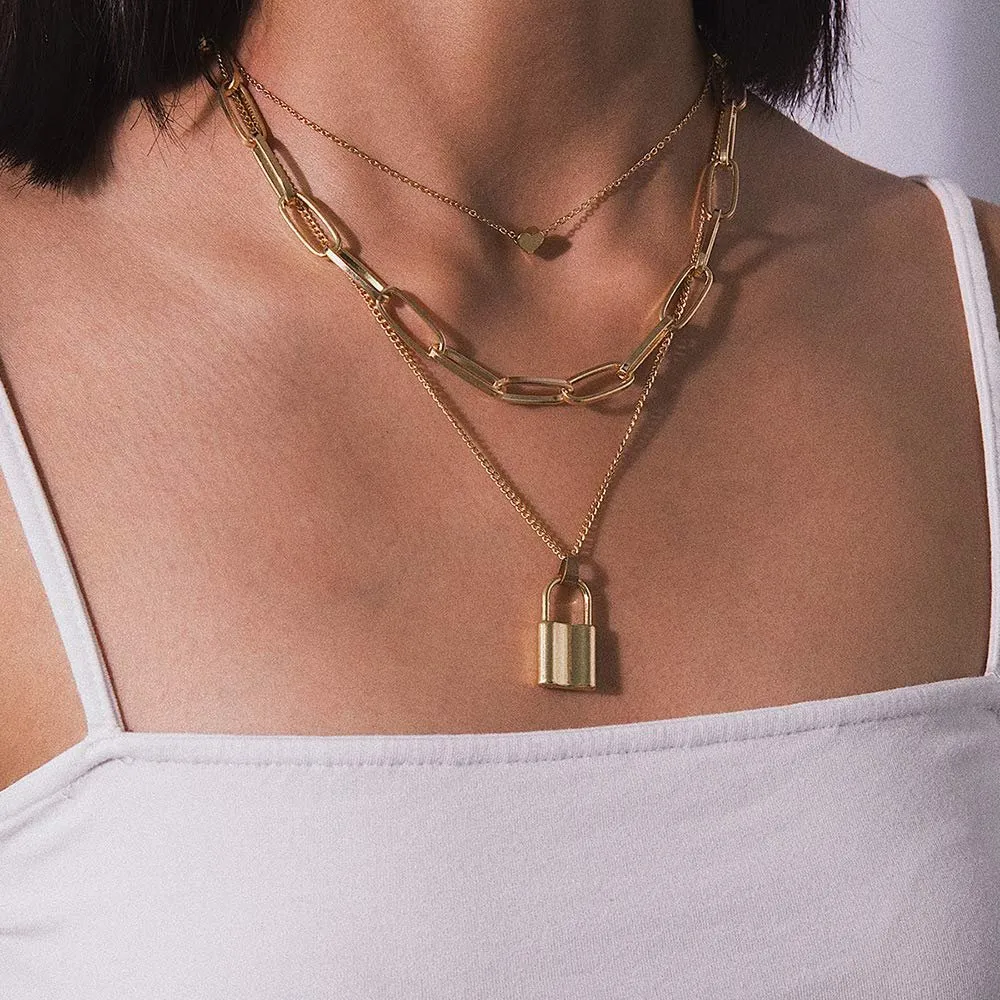 Gold Plated Trendy Paper Clip Chain with Lock Layered Necklace