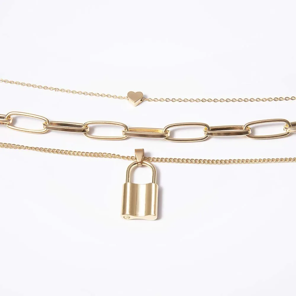Gold Plated Trendy Paper Clip Chain with Lock Layered Necklace