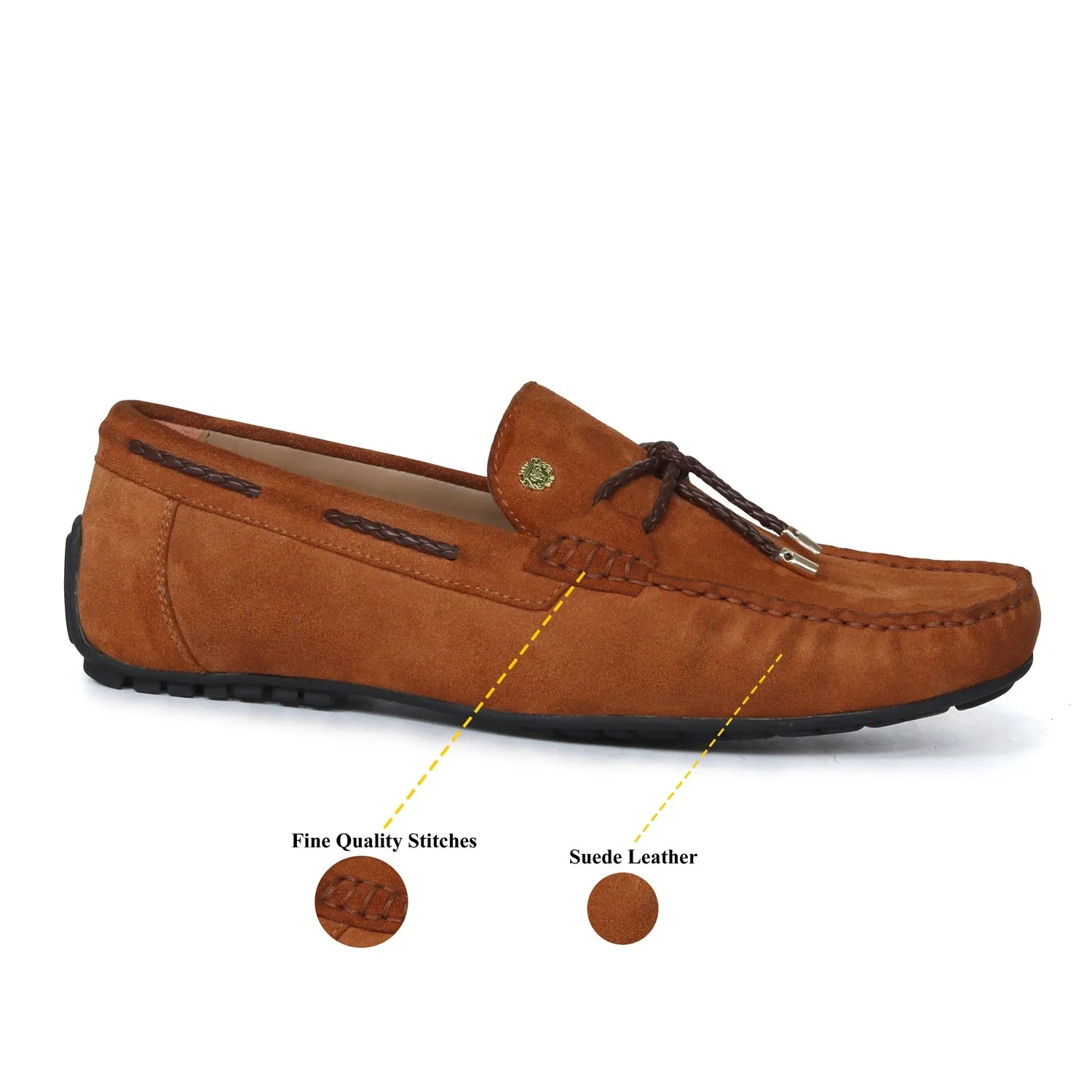 Hand Weaved Tassel Bow Loafers with Mini Lion Orangish Suede Leather