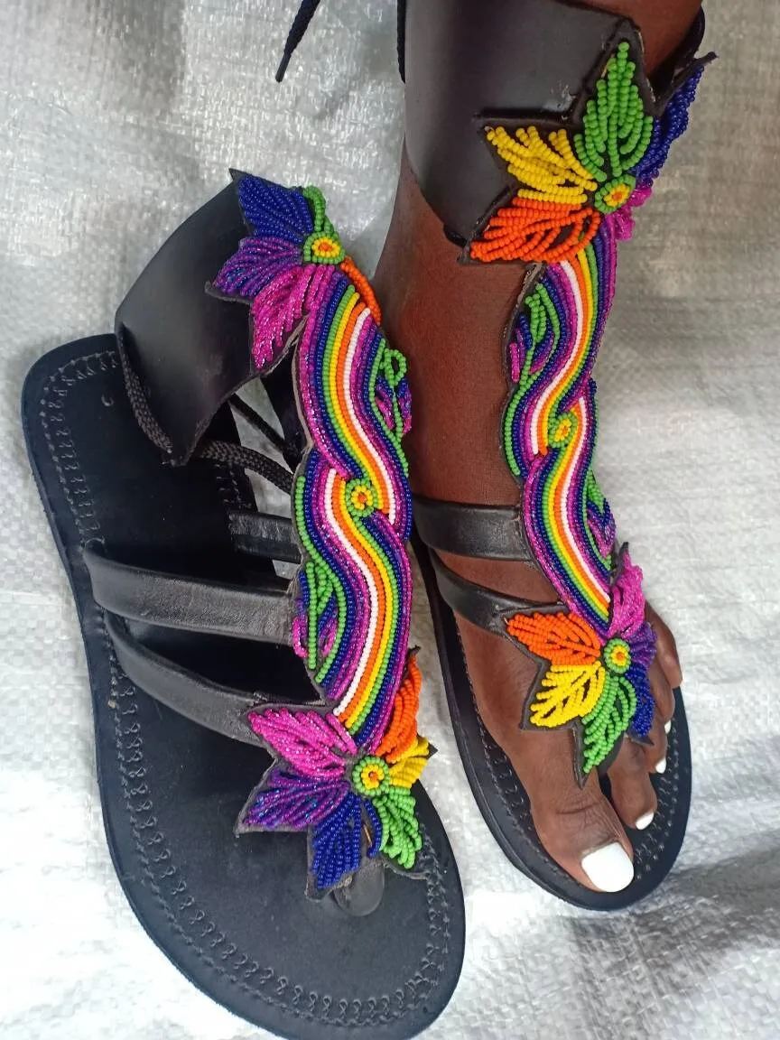 Handmade African Beaded Sandals/Authentic Maasai-Style Leather Flip-Flops Women/Boho Beach Sandals/Comfortable Summer Sandal African Gifts
