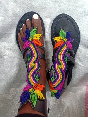 Handmade African Beaded Sandals/Authentic Maasai-Style Leather Flip-Flops Women/Boho Beach Sandals/Comfortable Summer Sandal African Gifts