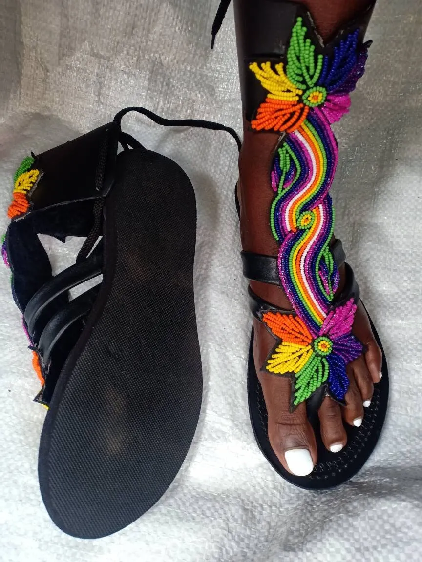 Handmade African Beaded Sandals/Authentic Maasai-Style Leather Flip-Flops Women/Boho Beach Sandals/Comfortable Summer Sandal African Gifts