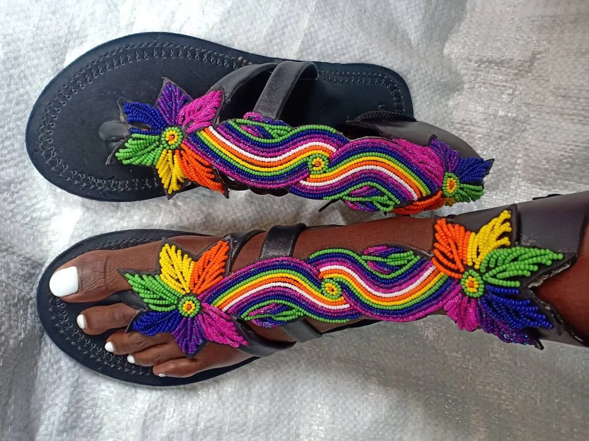 Handmade African Beaded Sandals/Authentic Maasai-Style Leather Flip-Flops Women/Boho Beach Sandals/Comfortable Summer Sandal African Gifts