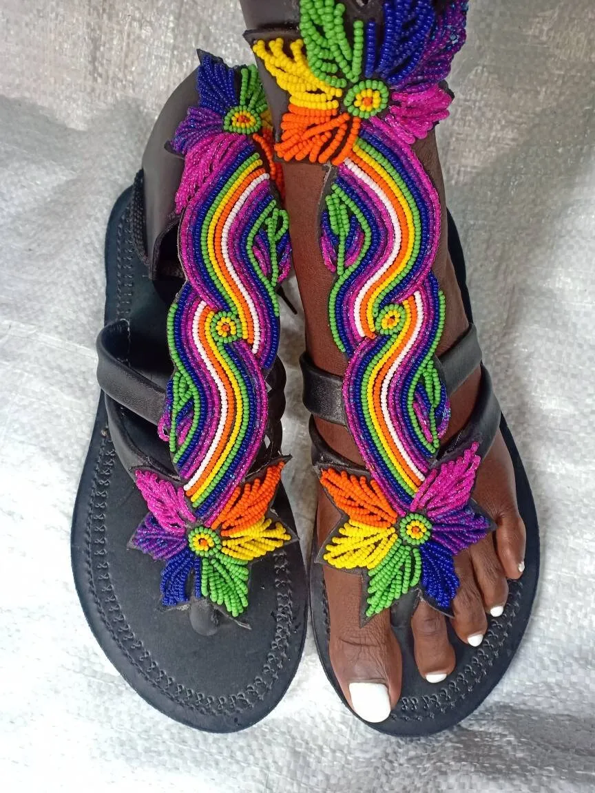 Handmade African Beaded Sandals/Authentic Maasai-Style Leather Flip-Flops Women/Boho Beach Sandals/Comfortable Summer Sandal African Gifts