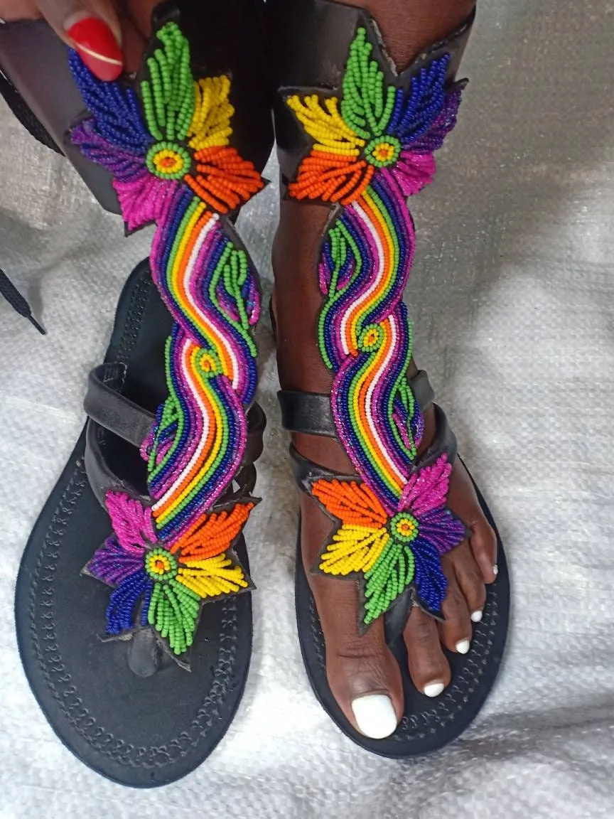 Handmade African Beaded Sandals/Authentic Maasai-Style Leather Flip-Flops Women/Boho Beach Sandals/Comfortable Summer Sandal African Gifts
