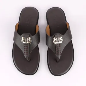 Hermes Paris With Logo Coffee Leather Slippers