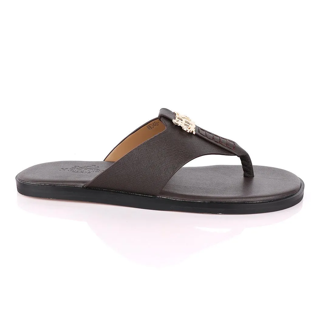 Hermes Paris With Logo Coffee Leather Slippers