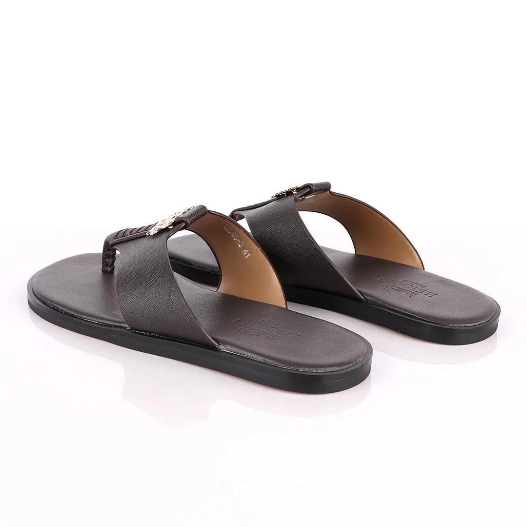 Hermes Paris With Logo Coffee Leather Slippers