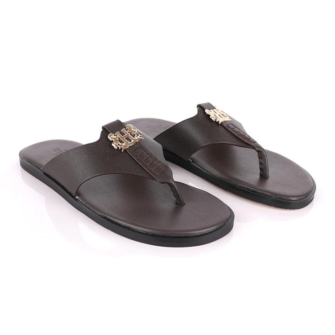 Hermes Paris With Logo Coffee Leather Slippers