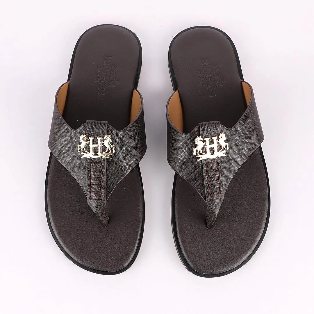 Hermes Paris With Logo Coffee Leather Slippers