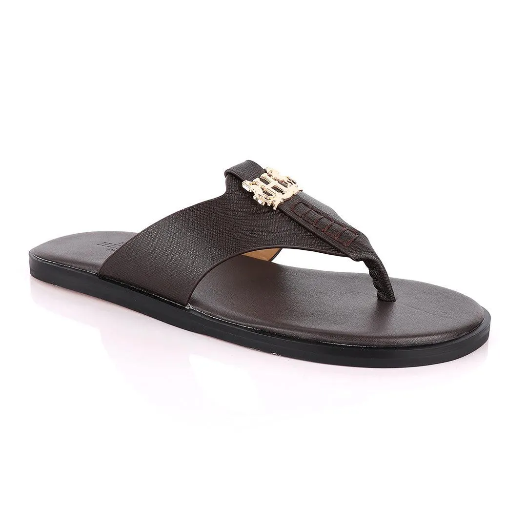 Hermes Paris With Logo Coffee Leather Slippers