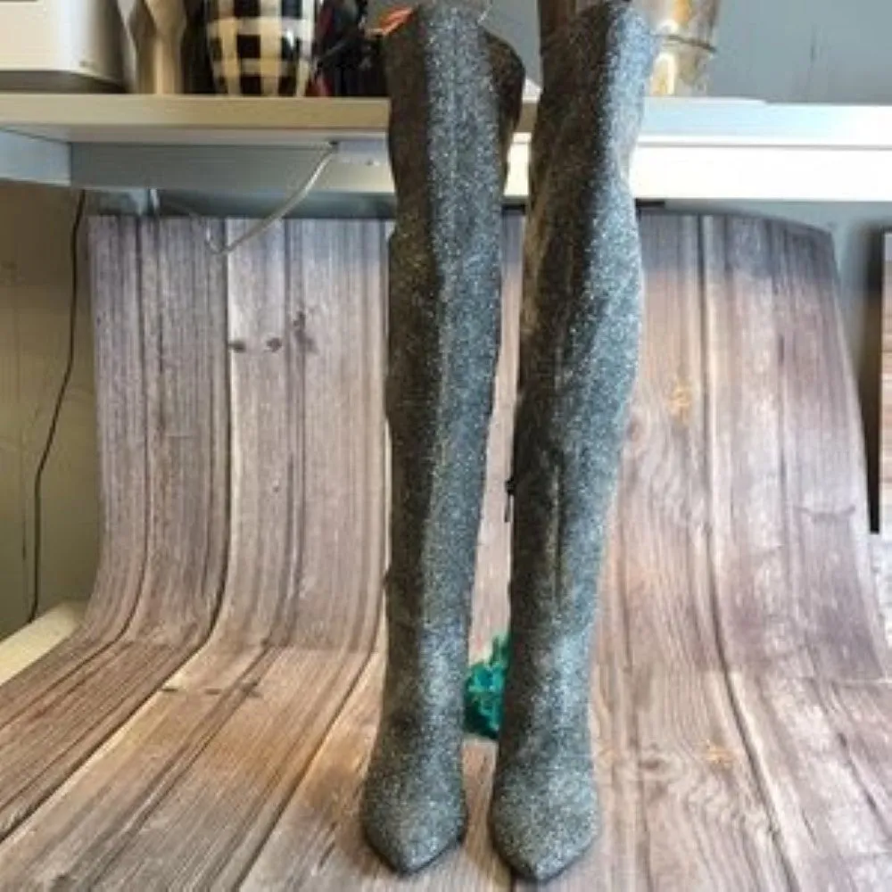 JESSICA SIMPSON  Amriena Pewter Glitter Gabor Over-The-Knee Boots 6.5