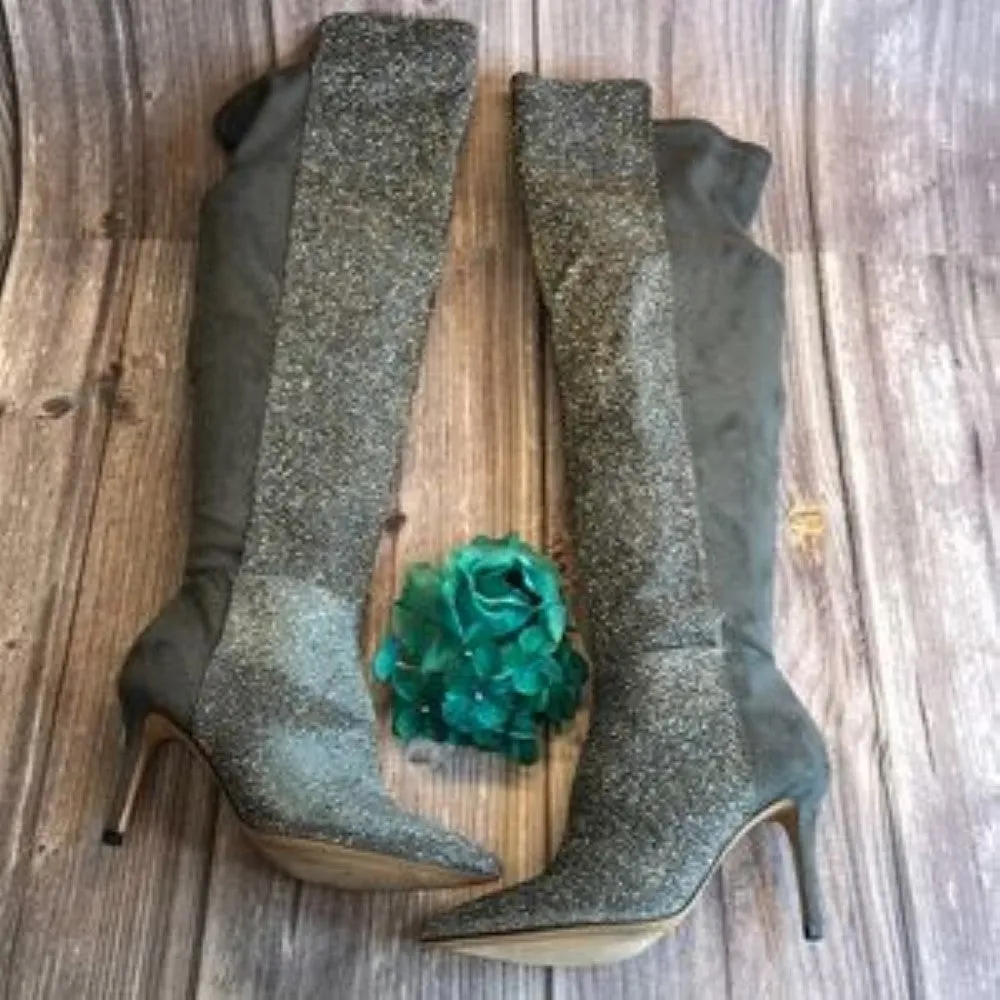 JESSICA SIMPSON  Amriena Pewter Glitter Gabor Over-The-Knee Boots 6.5