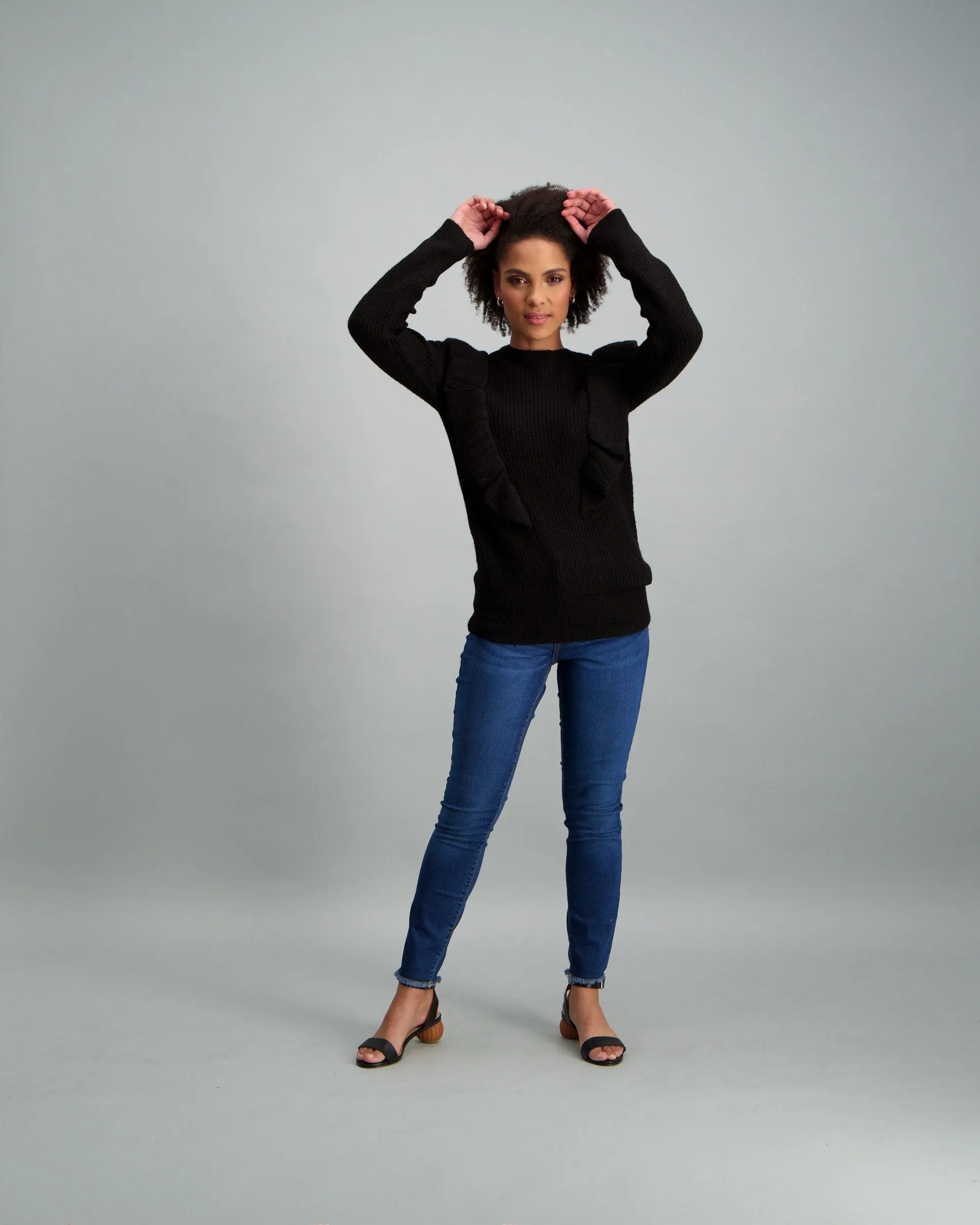 Ladies-Ruffle Frill Pullover Black