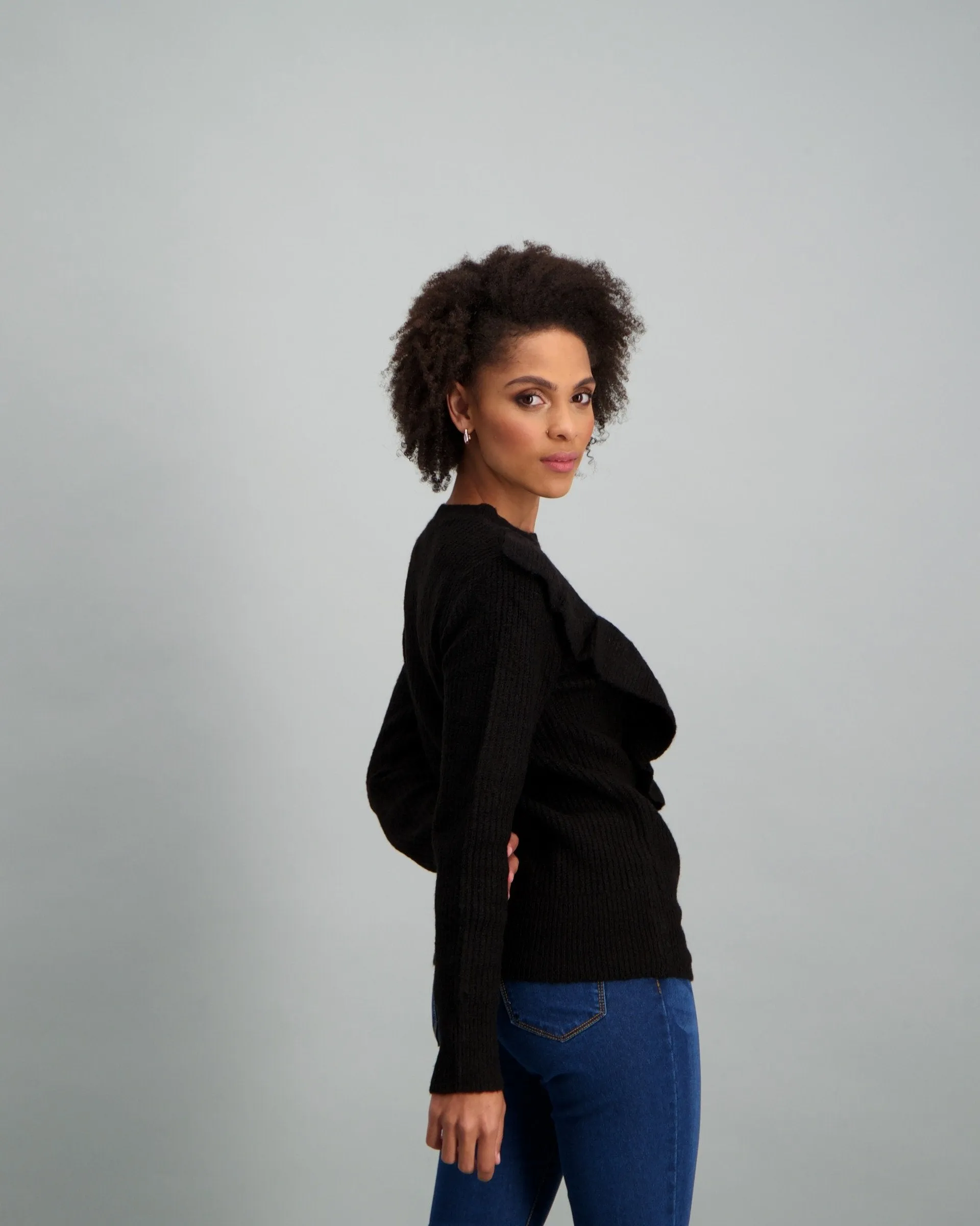 Ladies-Ruffle Frill Pullover Black